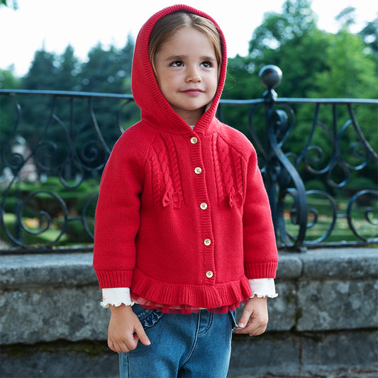 Dave&Bella Toddler Girls Festival Red Long-sleeved Hooded Warm Plush-lined Coats