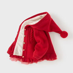 Dave&Bella Toddler Girls Festival Red Long-sleeved Hooded Warm Plush-lined Coats