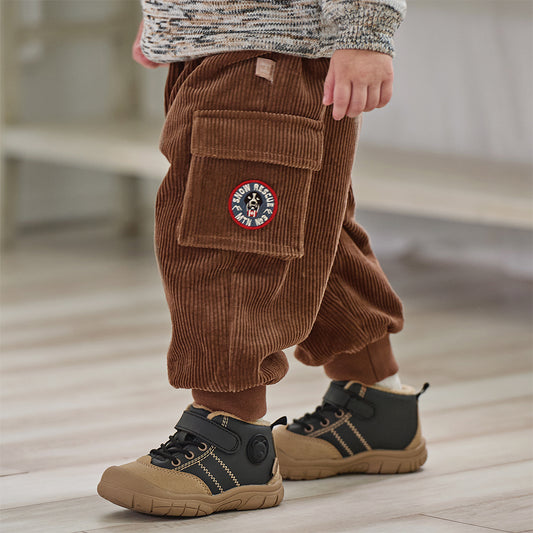 Dave&Bella Toddler Boys Winter Casual Coffee Brown Soft Plush-lined Drawstring Loose Pant