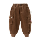 Dave&Bella Toddler Boys Casual Coffee Brown Soft Plush-lined Drawstring Loose Pants