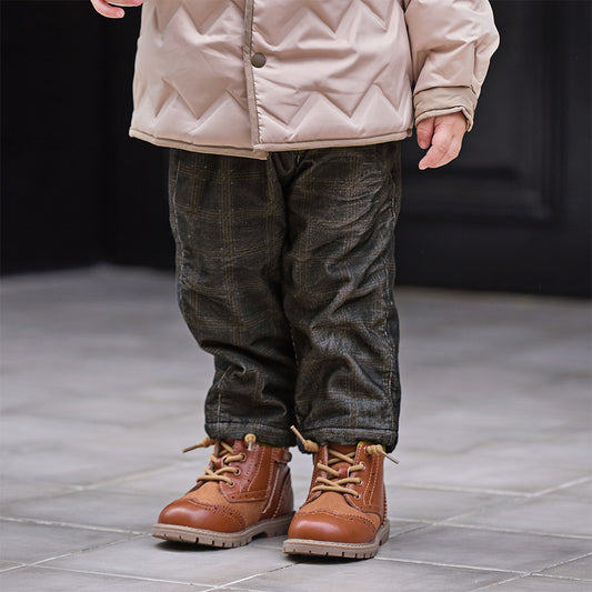 Dave&Bella Toddler Boys Winter Stylish Dark Grey Plaid Cozy Straight-leg Pants