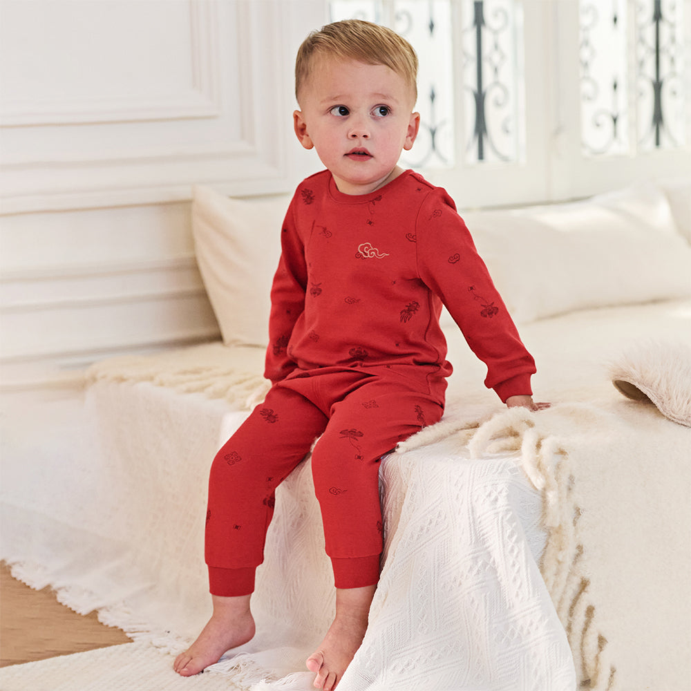 Dave&Bella Kids Girls/Boys Red/Beige Print Cotton Cozy Pajamas