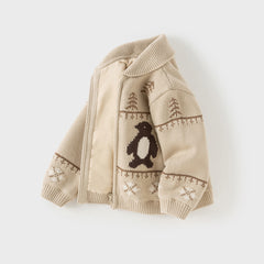 Dave&Bella Toddler Boys Apricot Penguin Jacquard Outwear Cozy Plush-lined Jackets
