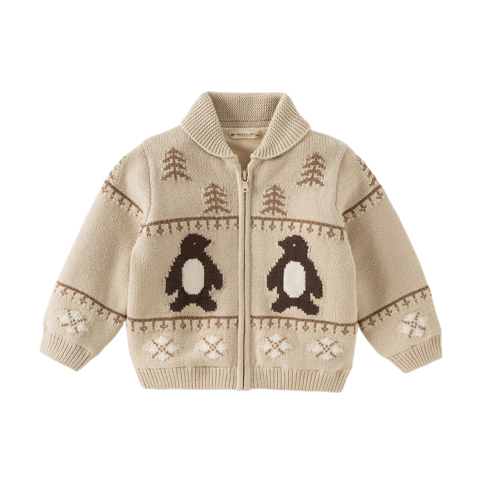 Dave&Bella Toddler Boys Apricot Penguin Jacquard Outwear Cozy Plush-lined Jackets