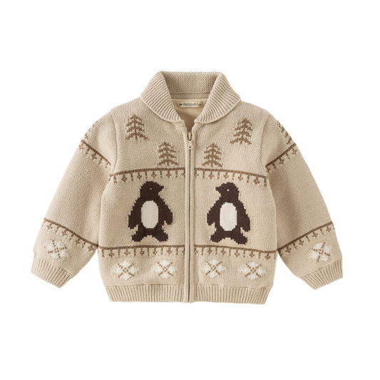 Dave&Bella Toddler Boys Apricot Penguin Jacquard Outwear Cozy Plush-lined Jackets
