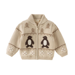 Dave&Bella Toddler Boys Apricot Penguin Jacquard Outwear Cozy Plush-lined Jackets
