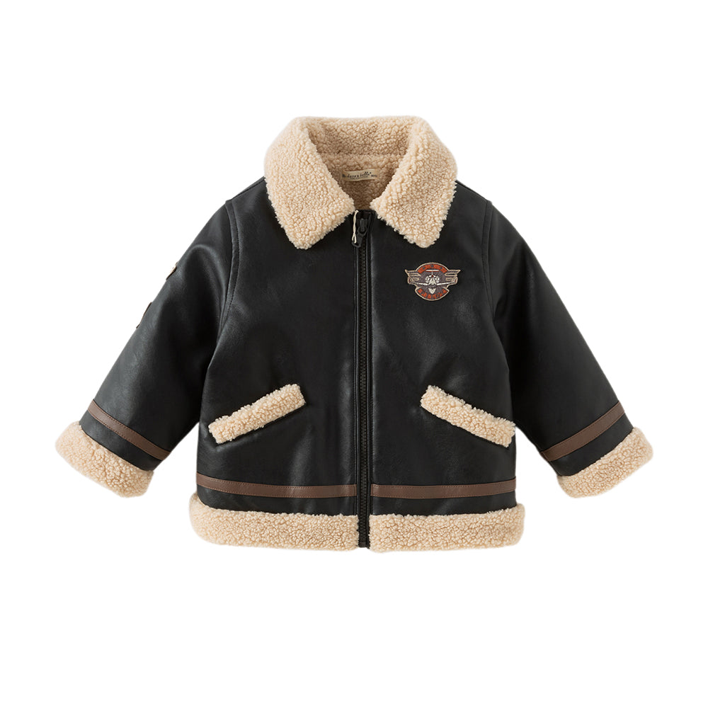 Dave&Bella Toddler Boys Black Faux Shearling Lining PU Leather Biker Jacket