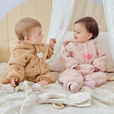 Dave&Bella Baby Girls/Boys Cute Candy Pink/Khaki Hooded Soft Plush Rompers
