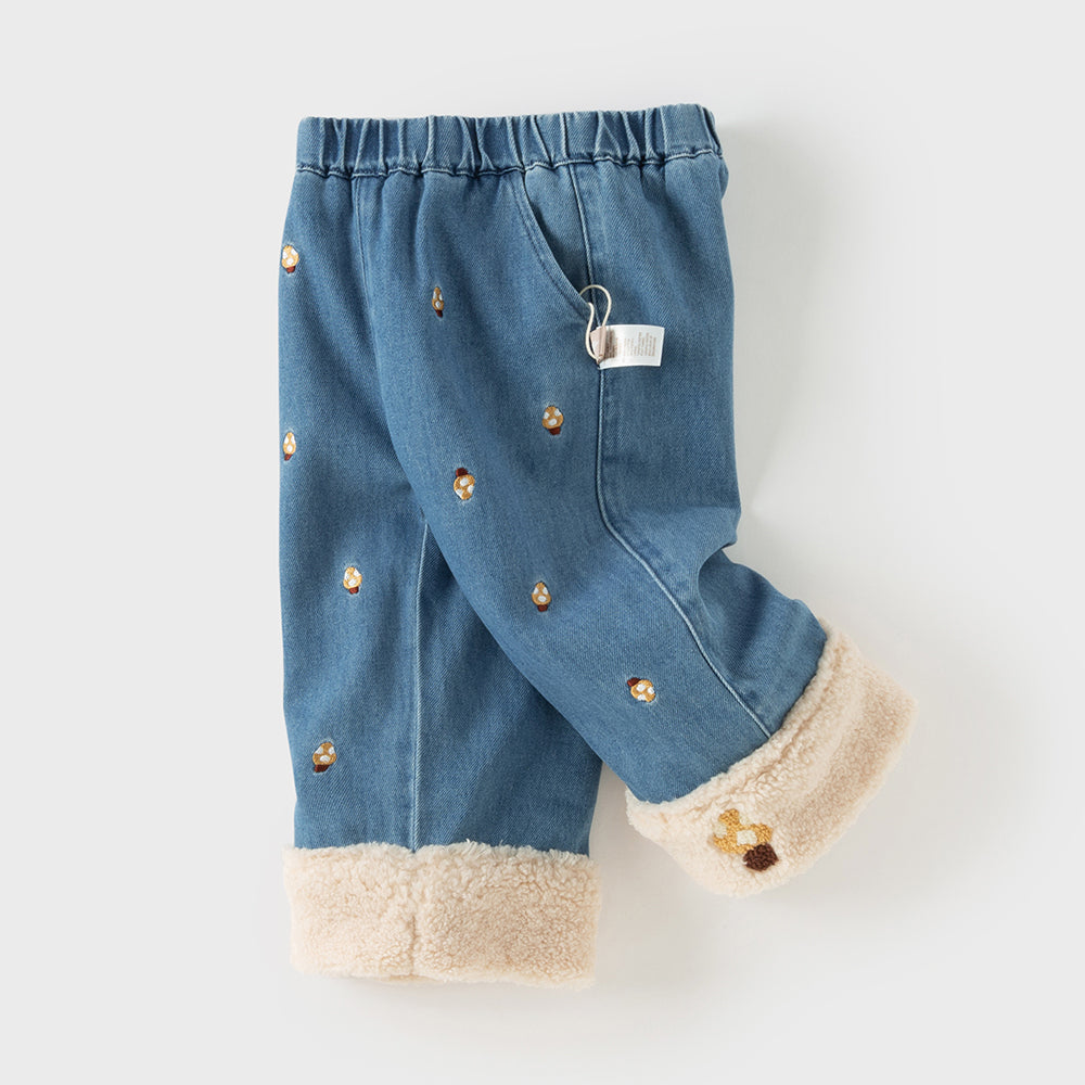 Dave&Bella Toddler Girls Sweet Denim Blue Straight-leg Plush-lined Long Jeans Pants