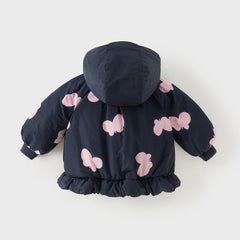 Dave&Bella Toddler Girls Pretty Butterfly-print Black Long-sleeved Hooded Padded Coats