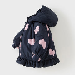 Dave&Bella Toddler Girls Pretty Butterfly-print Black Long-sleeved Hooded Padded Coats