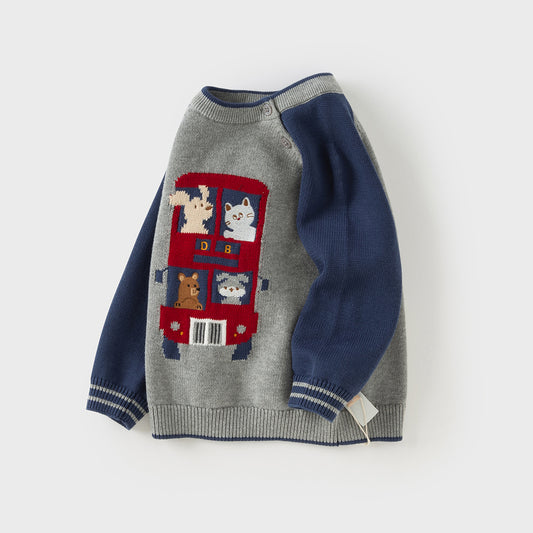 Dave&Bella Toddler Boys Cute Cartoon Print Grey Long-sleeved Pure Cotton T-shirts Tops