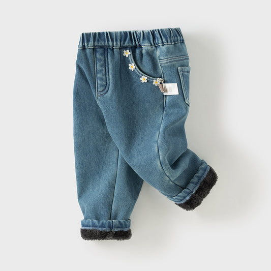 Dave&Bella Toddler Girls Denim Blue Casual Straight-leg Plush-lined Jeans