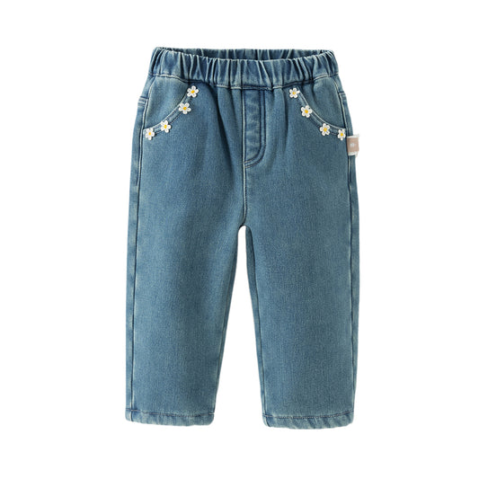 Dave&Bella Toddler Girls Denim Blue Casual Straight-leg Plush-lined Jeans