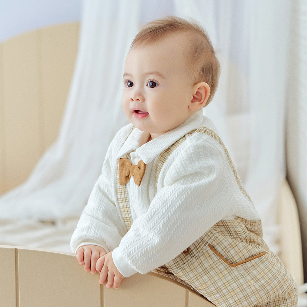 Dave&Bella Baby Boys College-style Yellow-white Plaid Warm Padded Indoor Rompers