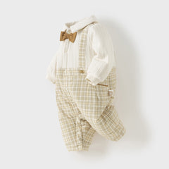 Dave&Bella Baby Boys College-style Yellow-white Plaid Warm Padded Indoor Rompers