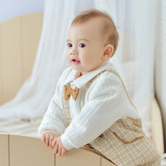 Dave&Bella Baby Boys College-style Yellow-white Plaid Warm Padded Indoor Rompers