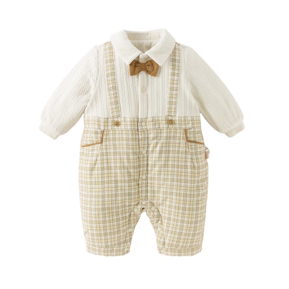 Dave&Bella Baby Boys College-style Yellow-white Plaid Warm Padded Indoor Rompers
