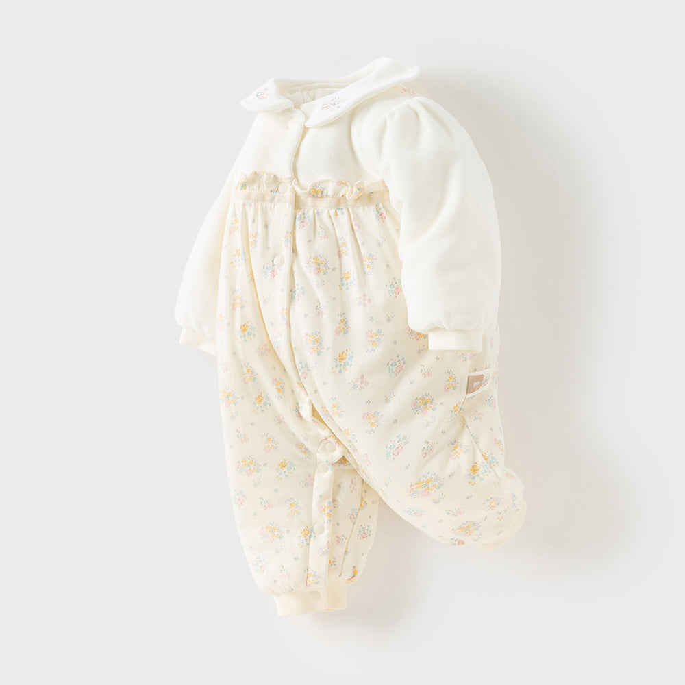 Dave&Bella Baby Girls Adorable Beige Floral Print Indoor Padded Rompers
