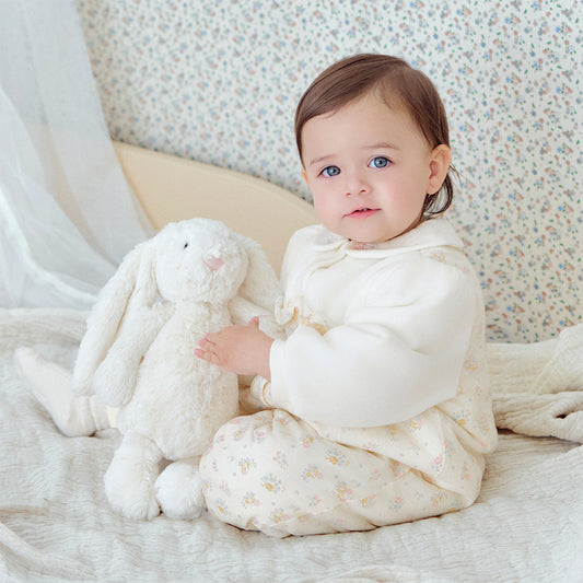 Dave&Bella Baby Girls Winter Adorable Beige Floral Print Indoor Padded Rompers
