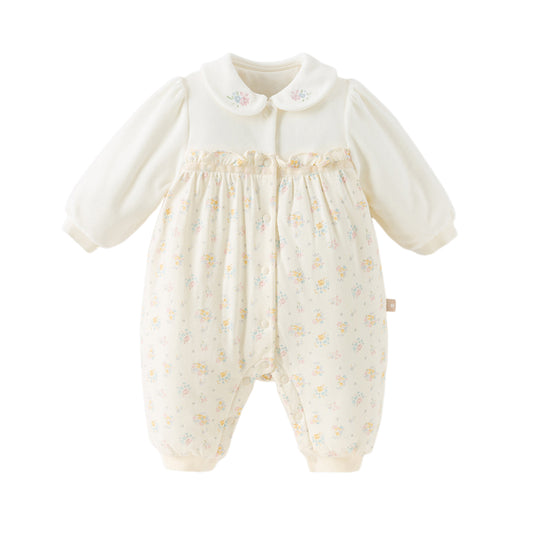 Dave&Bella Baby Girls Winter Adorable Beige Floral Print Indoor Padded Rompers