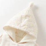 Dave&Bella Baby Girls White Floral Print Indoor Cozy Plush Hooded Rompers