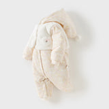 Dave&Bella Baby Girls White Floral Print Indoor Cozy Plush Hooded Rompers
