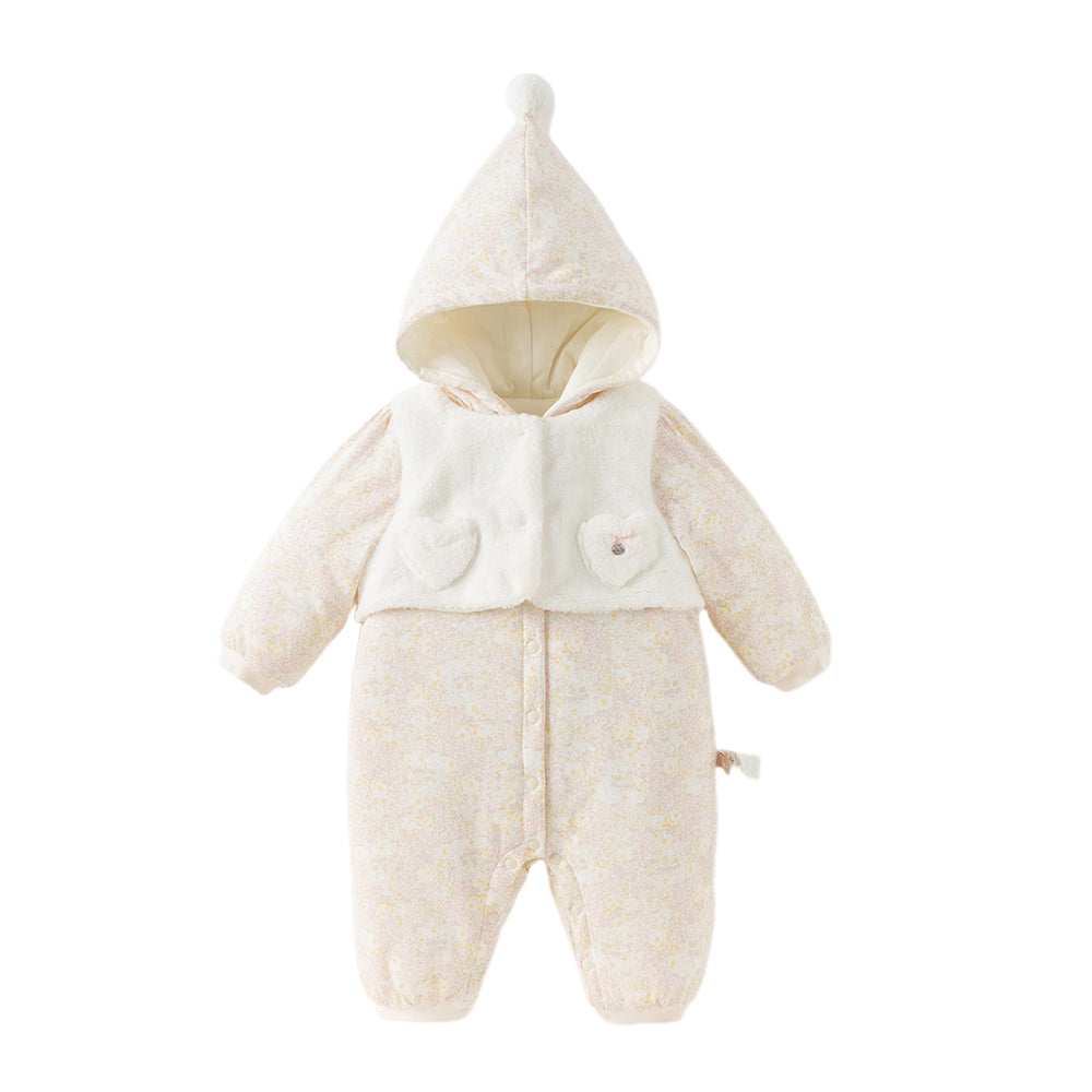 Dave&Bella Baby Girls White Floral Print Indoor Cozy Plush Hooded Rompers