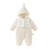 Dave&Bella Baby Girls White Floral Print Indoor Cozy Plush Hooded Rompers