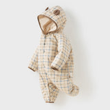 Dave&Bella Baby Boys Casual Apricot Plaid Indoor Warm Padded Hooded Rompers