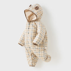 Dave&Bella Baby Boys Casual Apricot Plaid Indoor Warm Padded Hooded Rompers