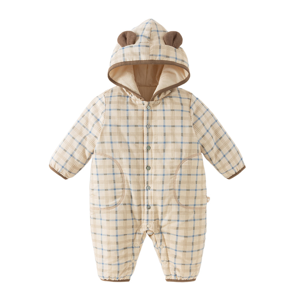 Dave&Bella Baby Boys Casual Apricot Plaid Indoor Warm Padded Hooded Rompers