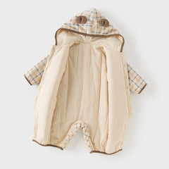 Dave&Bella Baby Boys Casual Apricot Plaid Indoor Warm Padded Hooded Rompers