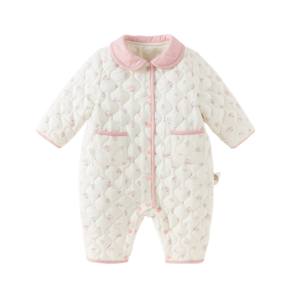 Dave&Bella Baby Girls Sweet Beige Floral Print Doll Collar Warm Padded Rompers