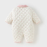Dave&Bella Baby Girls Sweet Beige Floral Print Doll Collar Warm Padded Rompers