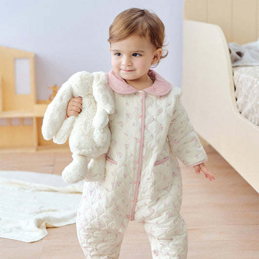 Dave&Bella Baby Girls Winter Sweet Beige Floral Print Doll Collar Warm Padded Rompers
