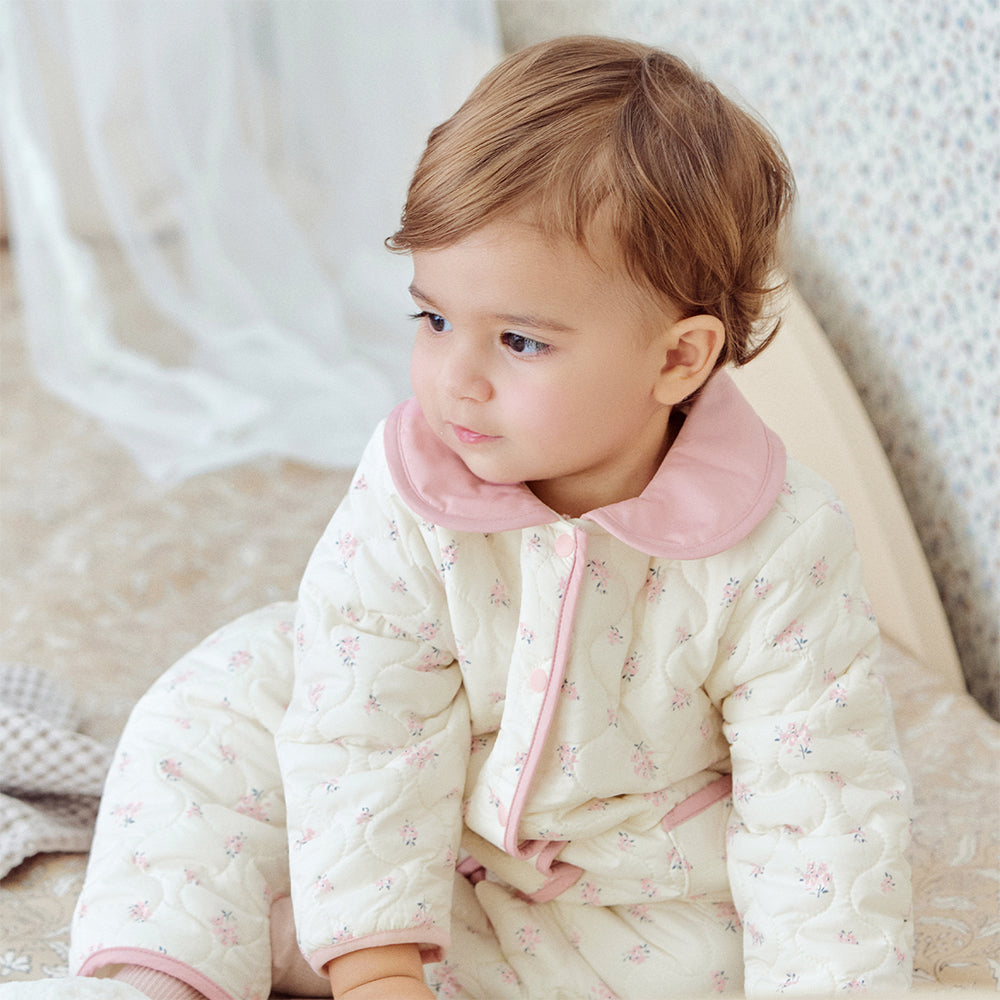 Dave&Bella Baby Girls Sweet Beige Floral Print Doll Collar Warm Padded Rompers
