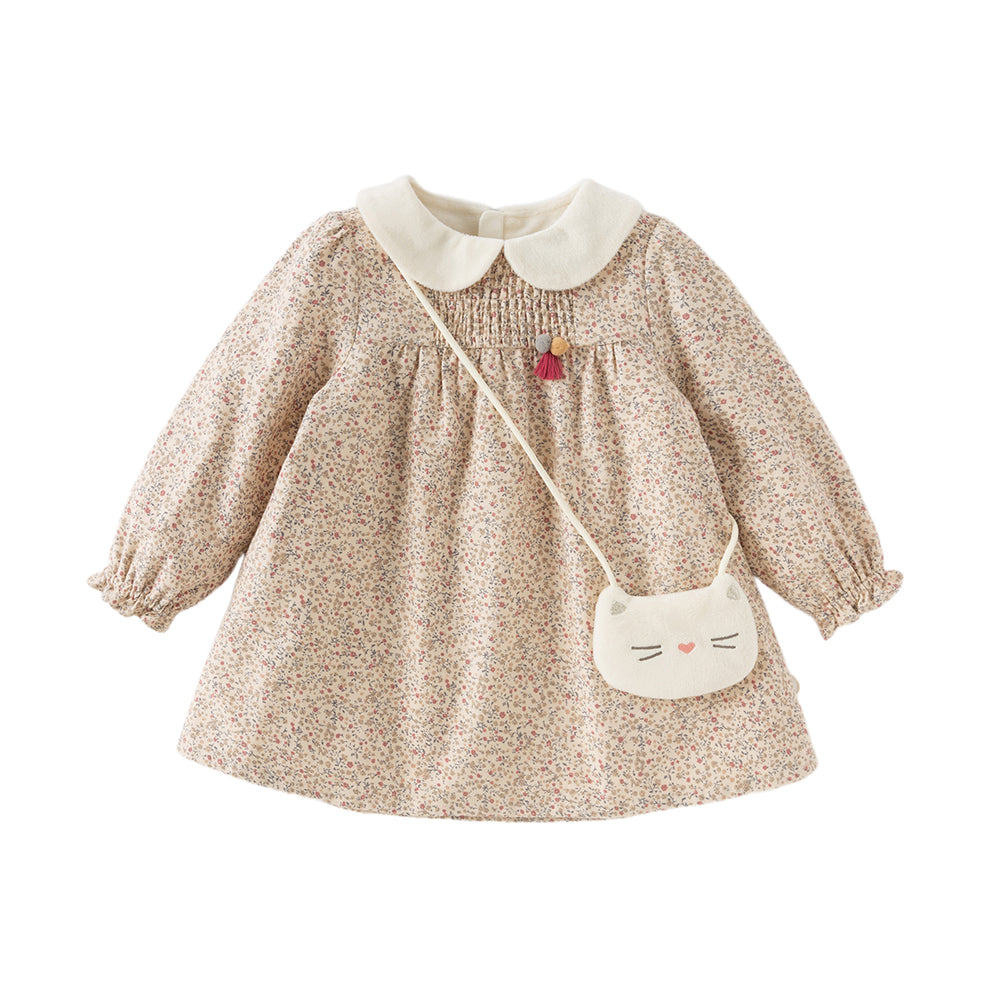 Dave&Bella Toddler Girls Charming Khaki Floral Print A-line Princess Dress(wallet bag)