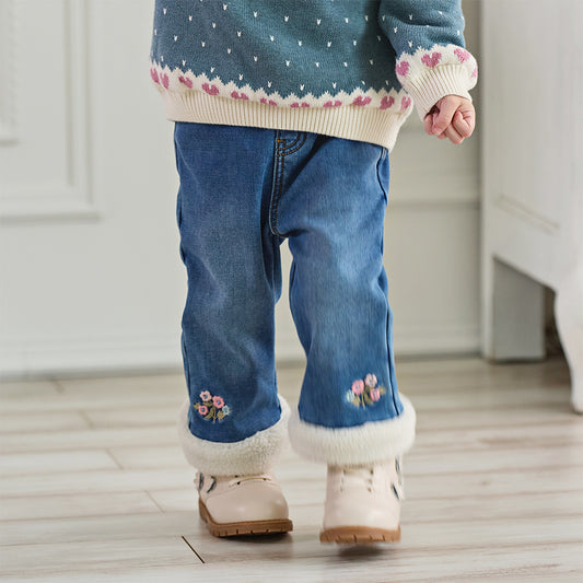 Dave&Bella Toddler Girls Winter Sweet Denim Blue Plush-lined Straight-leg Jeans Pants