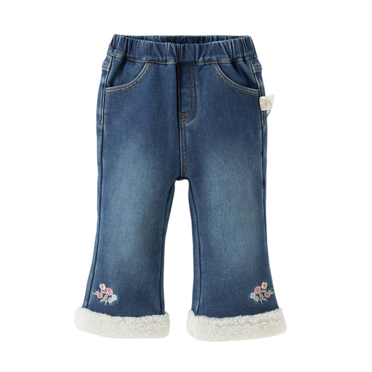 Dave&Bella Toddler Girls Winter Sweet Denim Blue Plush-lined Straight-leg Jeans Pants
