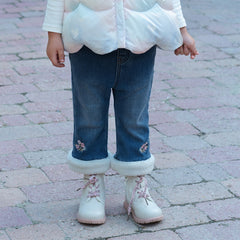 Dave&Bella Toddler Girls Winter Sweet Denim Blue Plush-lined Straight-leg Jeans Pants