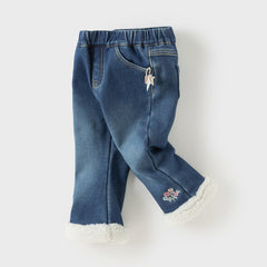 Dave&Bella Toddler Girls Winter Sweet Denim Blue Plush-lined Straight-leg Jeans Pants