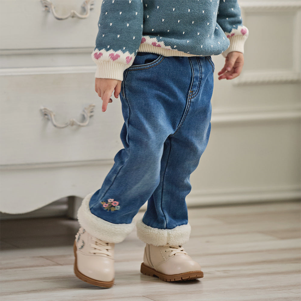Dave&Bella Toddler Girls Sweet Denim Blue Plush-lined Straight-leg Jeans Pants