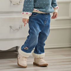 Dave&Bella Toddler Girls Winter Sweet Denim Blue Plush-lined Straight-leg Jeans Pants