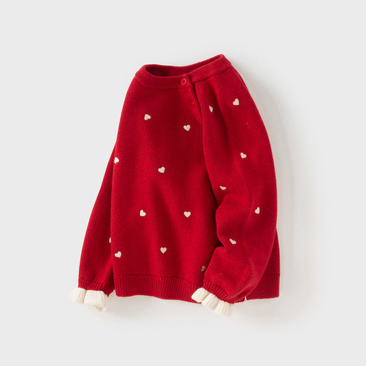 Dave&Bella Toddler Girls Autumn Soft Knit Cute Red/Beige Sweaters Tops