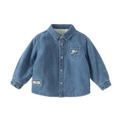 Dave&Bella Toddler Boys Winter Denim Blue Plush-lined Long Sleeve Shirts Tops