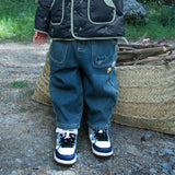 Dave&Bella Toddler Boys Denim Blue Loose Plush-lined Jeans Pants