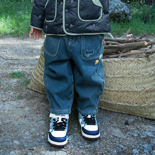 Dave&Bella Toddler Boys Comfortable Denim Blue Plush-lined Loose Jeans