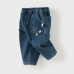 Dave&Bella Toddler Boys Winter Denim Blue Loose Plush-lined Jeans Pants