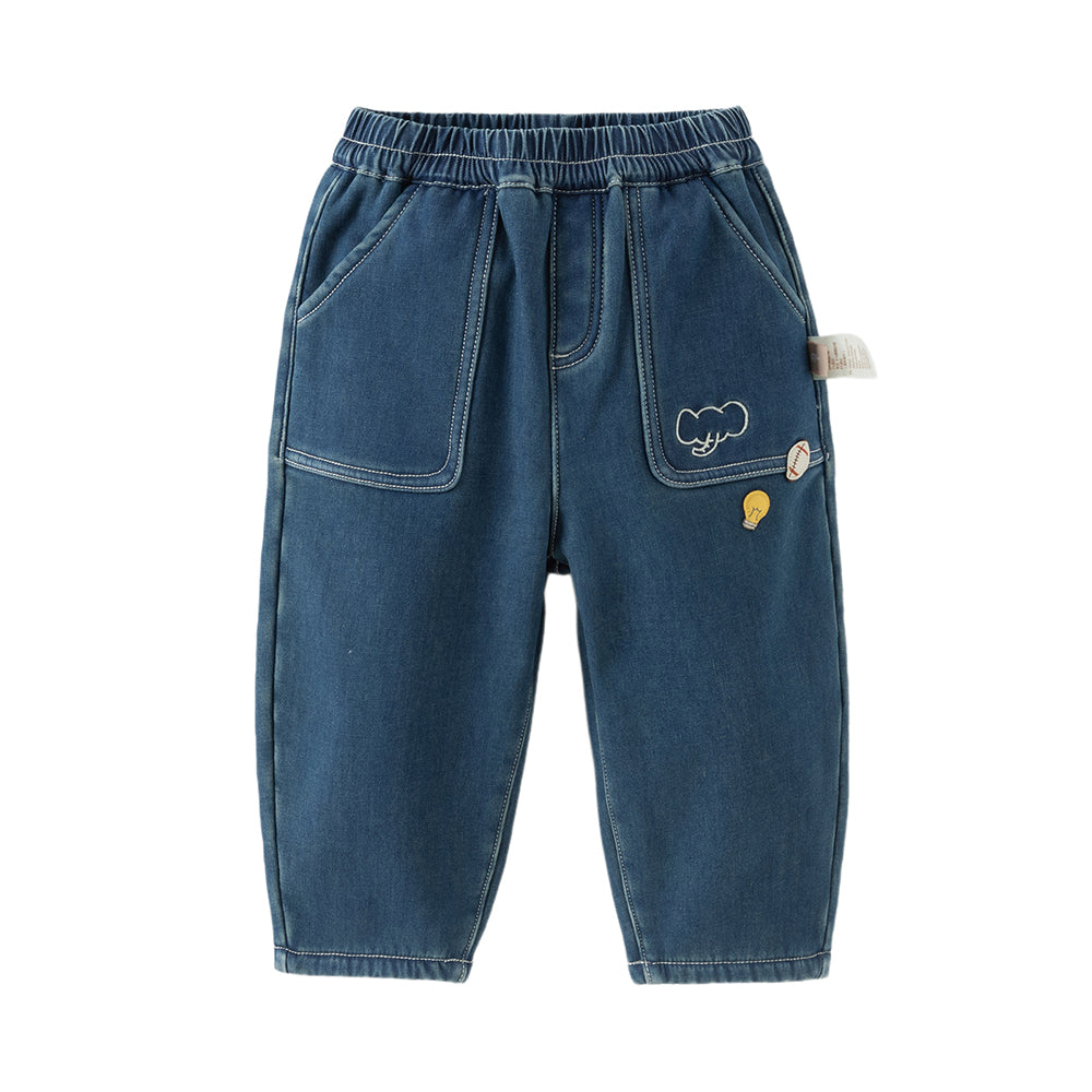 Dave&Bella Toddler Boys Winter Denim Blue Loose Plush-lined Jeans Pants